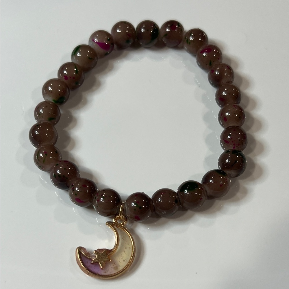 Brown Beaded Bracelet with Gold Moon Charm